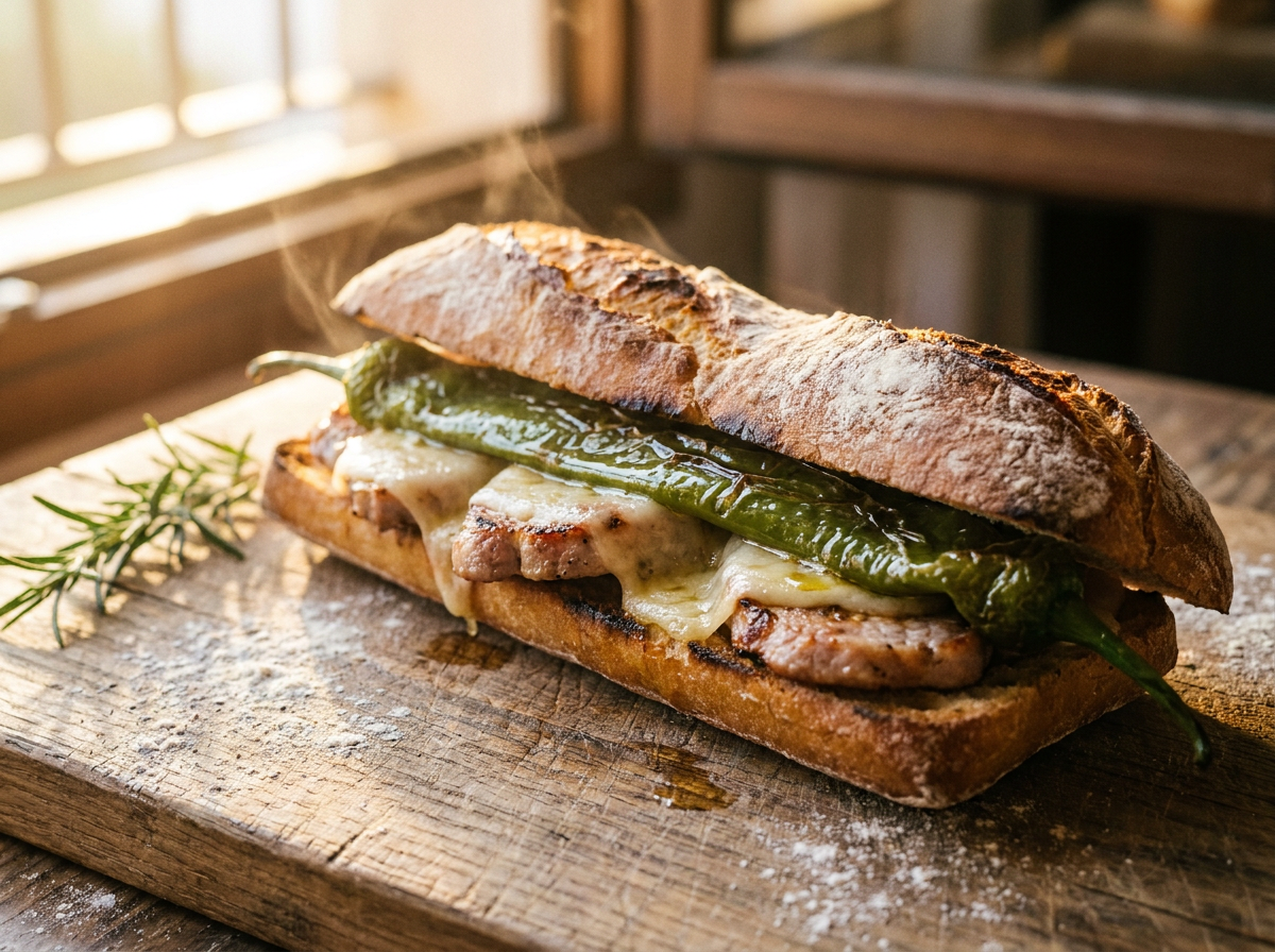 Bocadillo de lomo con queso y pimiento verde