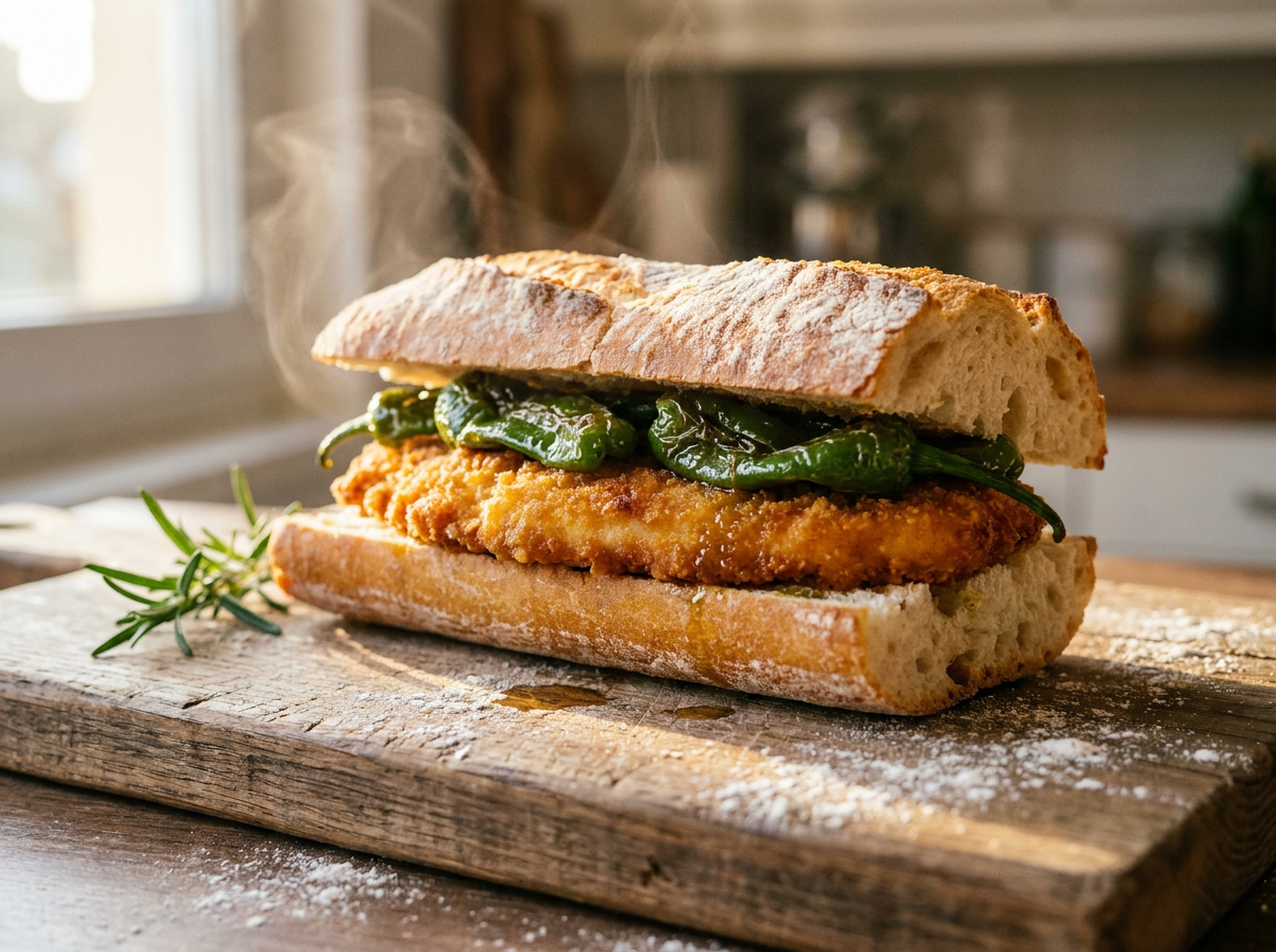 Bocadillo de pechuga de pollo empanada con pimiento verde